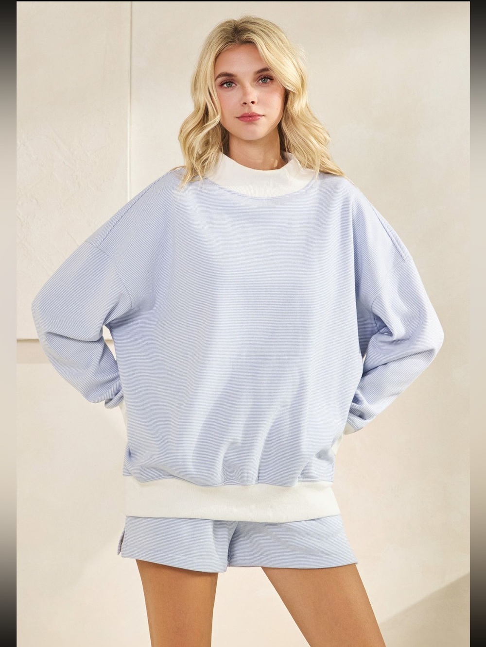 Light Blue Striped Oversized Sweatshirt Set